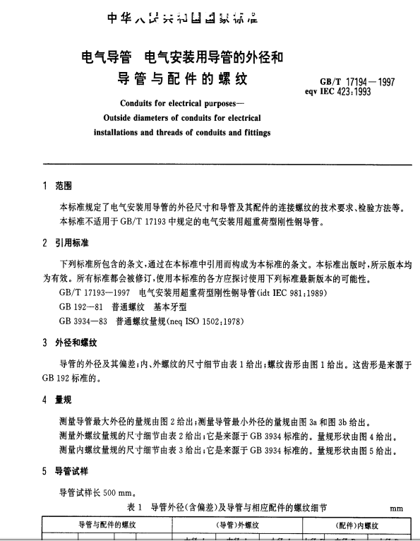 GB/T17194-1997標準-電氣導(dǎo)管 電氣安裝用導(dǎo)管的外徑和導(dǎo)管與配件的螺紋》